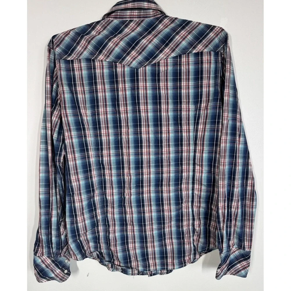 True Religion Long Sleeve Blue Plaid Pearl Snap Up Pocket Shirt Men's L Western